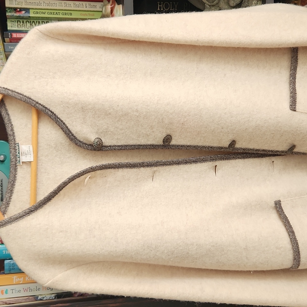 L.L. Bean Cream Wool Cardigan with Brown Trim